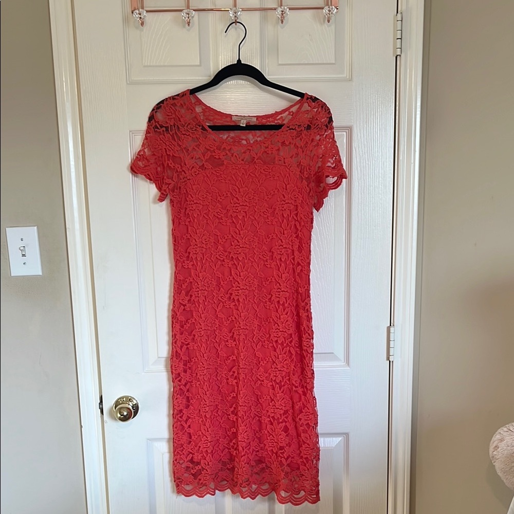 Gibson Latimer Red Orange Midi Lace Dress